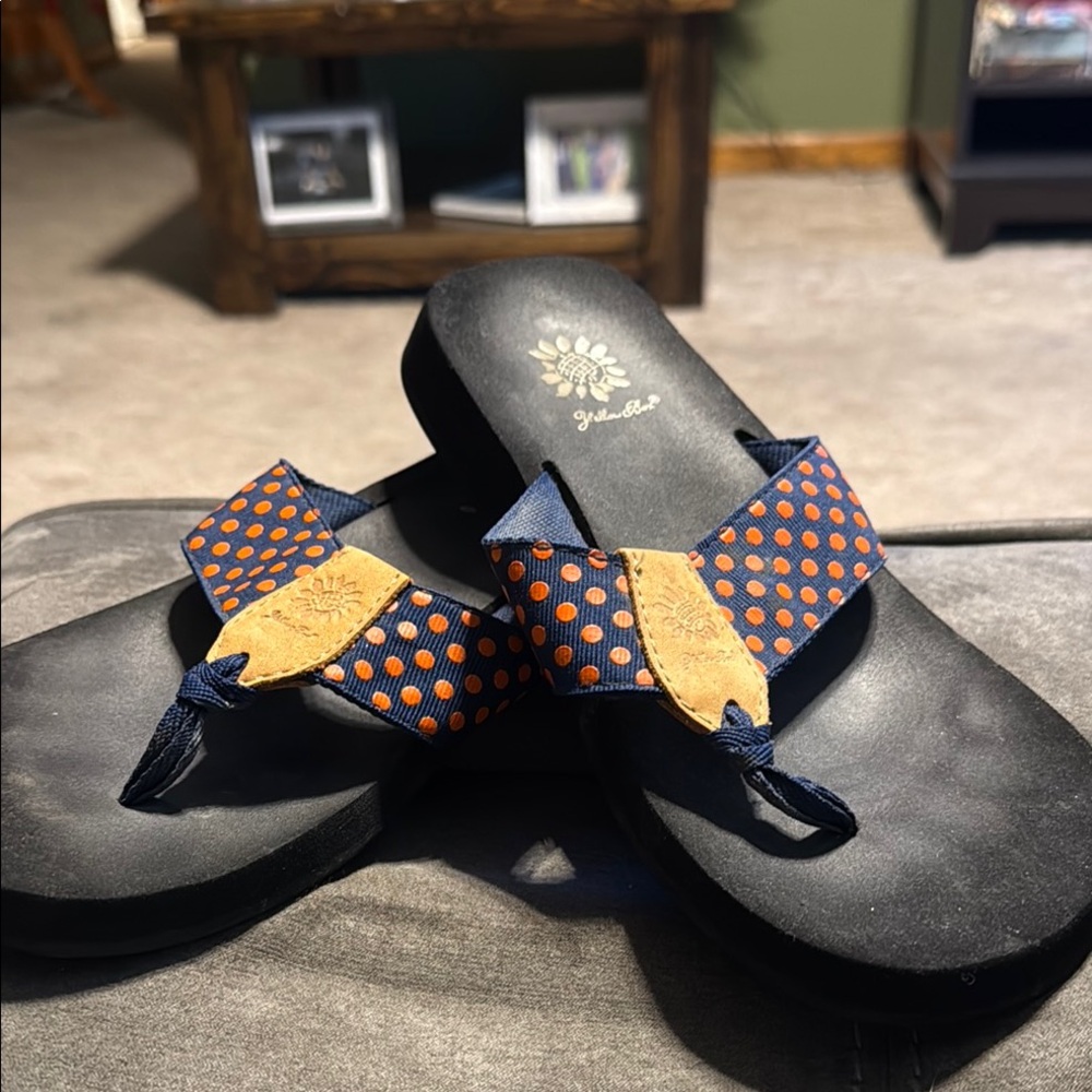 Yellow Box Black Sandals with Orange Polka Dot Straps